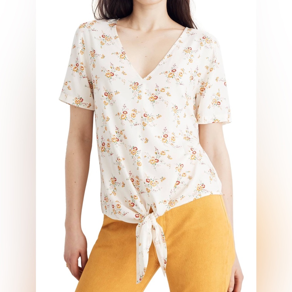 Madewell Novel Tie-Front Top in Windowbox Floral Springy Mustard Yellow Small - Picture 3 of 8